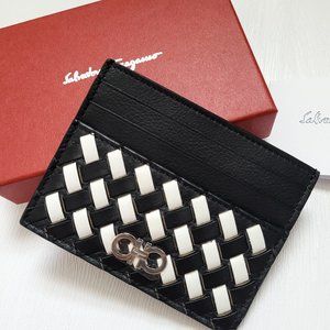 Ferragamo Pannello Leather Card Case holder black and white basketweave